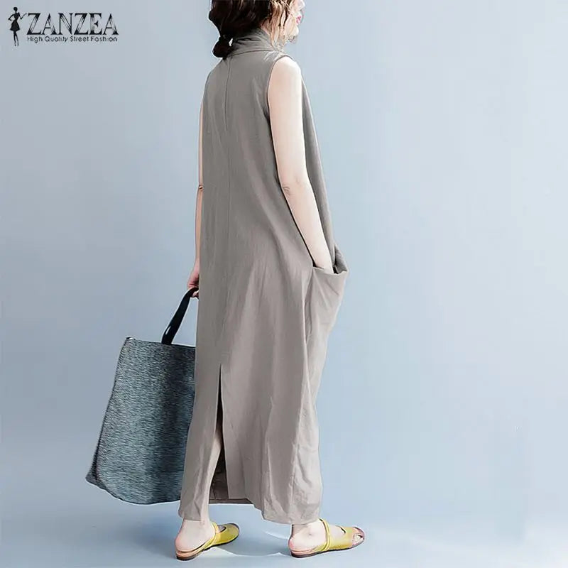 ZANZEA Robe Maxi Oversize Asymétrique Été 2023 Robe D'été Femme Col V Robes Femme Baggy Robe De Soirée Robe Femme