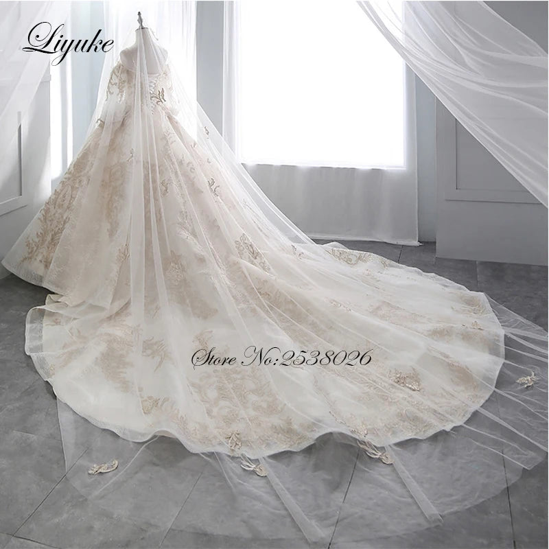 Liyuke Elegant Golden Ball Gown Wedding Dress With Gold Beading  Appliques Lace Princess Luxury Bridal Dress robe de mariage