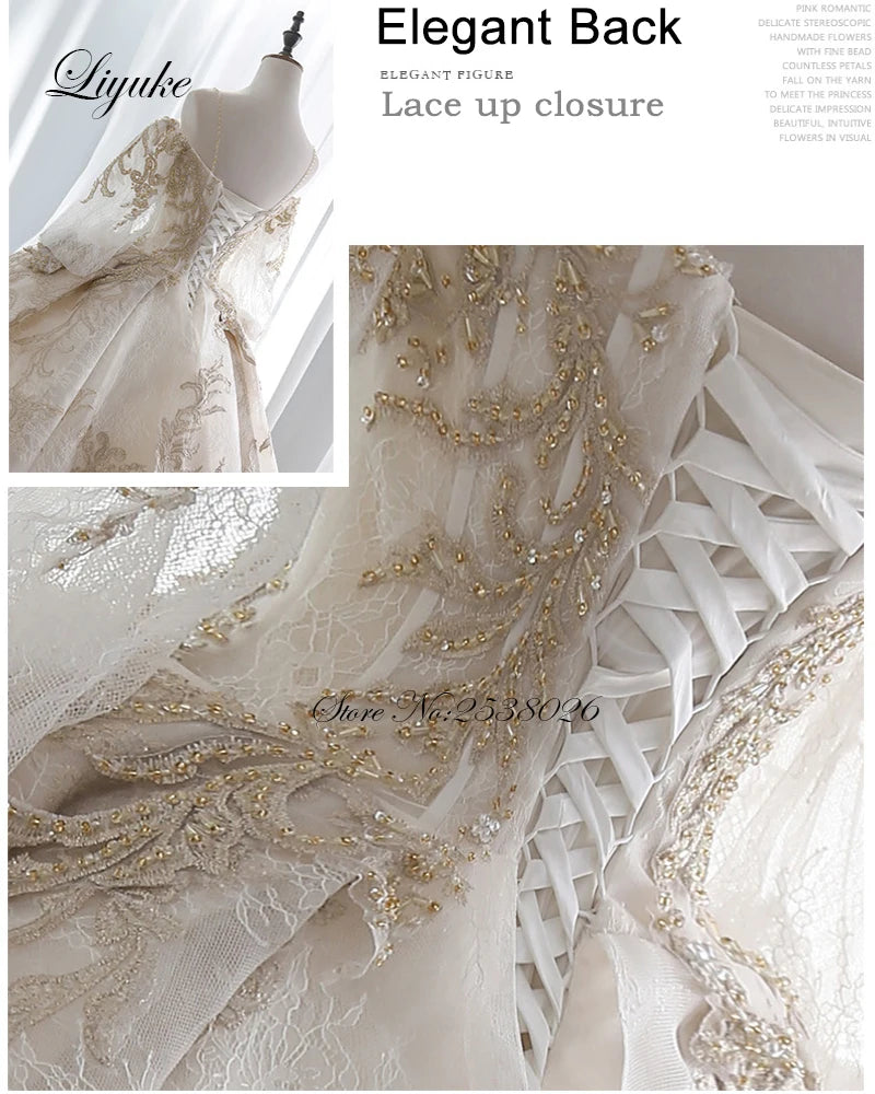 Liyuke Elegant Golden Ball Gown Wedding Dress With Gold Beading  Appliques Lace Princess Luxury Bridal Dress robe de mariage