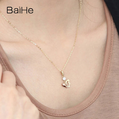 Collier papillon en or jaune massif 18 carats et diamant naturel H/SI de 0,20 ct pour femme, bijoux fins