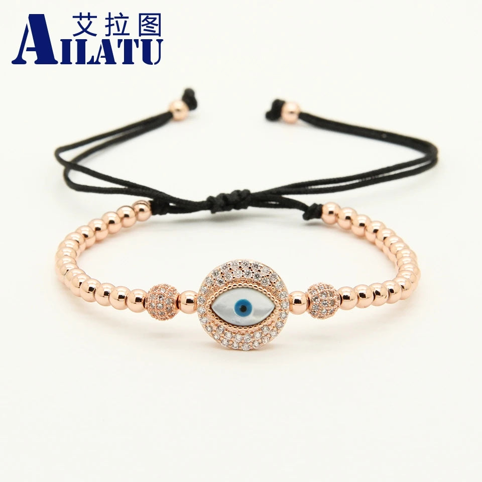 Ailatu Men Bracele Clear Cz Turkish Shell Eye Macrame Bracelet Wholesale 4mm Stainless Steel Beads Jewelry Nice Gift