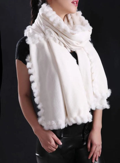 white scarf with fur Luxury Pure 100% Cashmere with natural rex rabbit fur trim, female lady warm spring autumn S1509