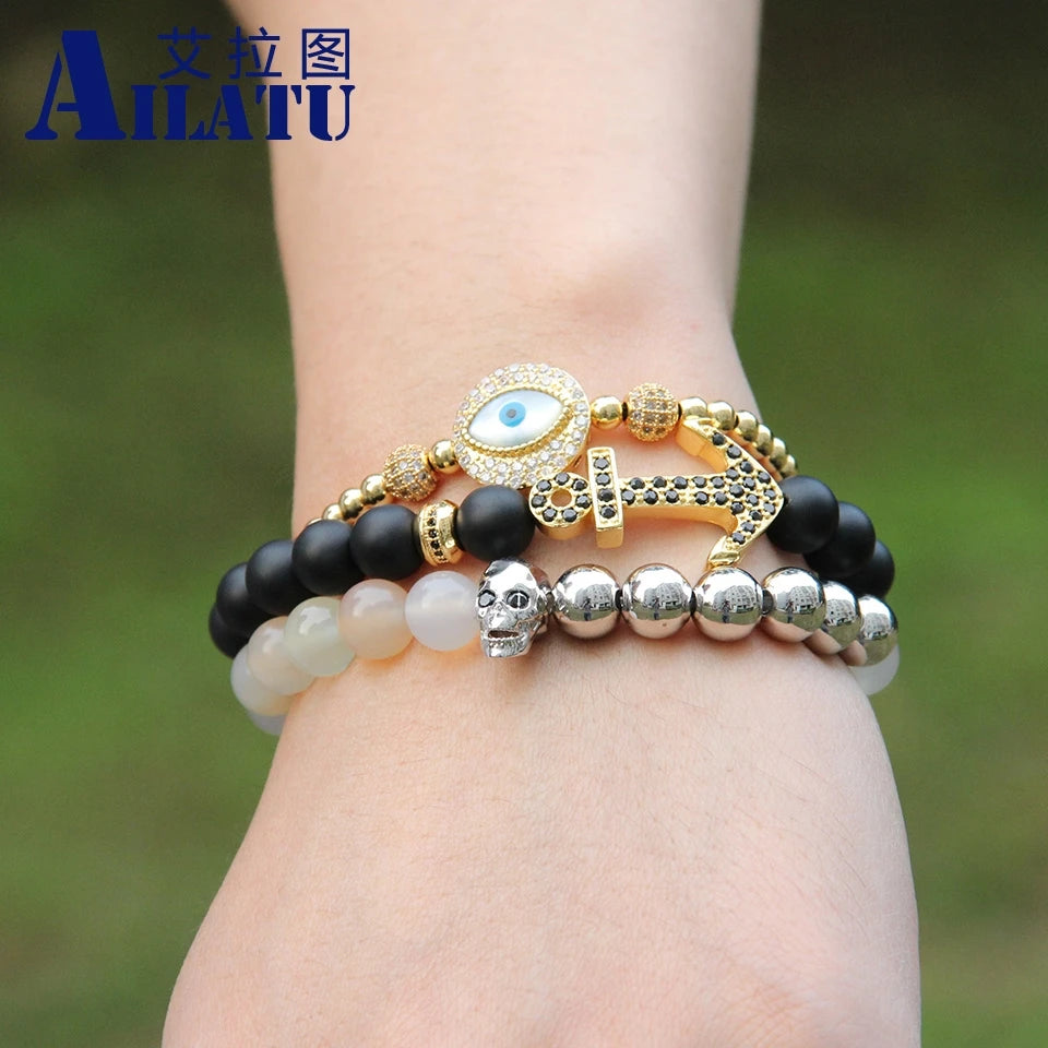 Ailatu Men Bracele Clear Cz Turkish Shell Eye Macrame Bracelet Wholesale 4mm Stainless Steel Beads Jewelry Nice Gift