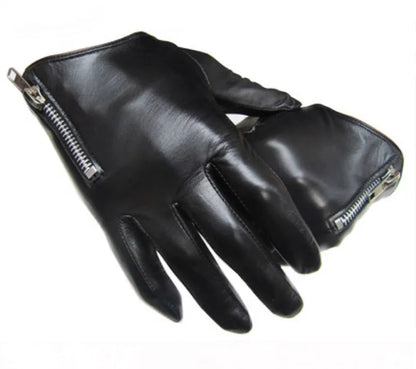 Guantes de cuero genuino para hombre, estilo clásico de moda, con cremallera lateral corta, piel de oveja auténtica, color negro, pantalla táctil, cálidos para invierno