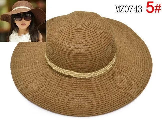 2014 Wholesale 7 colors summer Children solid Simple elegant large brimmed straw hat baby girls Beach Hats sun hat 10 pcs/lot