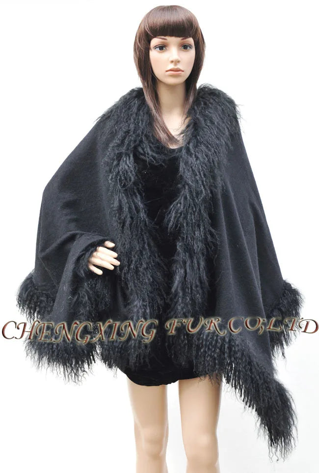 Mongolian Lamb Fur Trim Wool Blends Cashmere Fur Shawl Cape CX-B-P-01B Drop Shipping