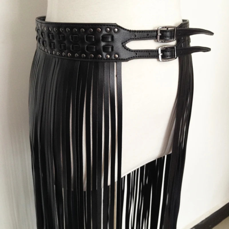 Sexy Long Fringe Leather Belts Black Designer Ceinture Femme Studs Punk Double Pin Buckle Plus Size Waistband Women S/M/L/Xl