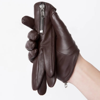 Guantes de cuero genuino para hombre, estilo clásico de moda, con cremallera lateral corta, piel de oveja auténtica, color negro, pantalla táctil, cálidos para invierno