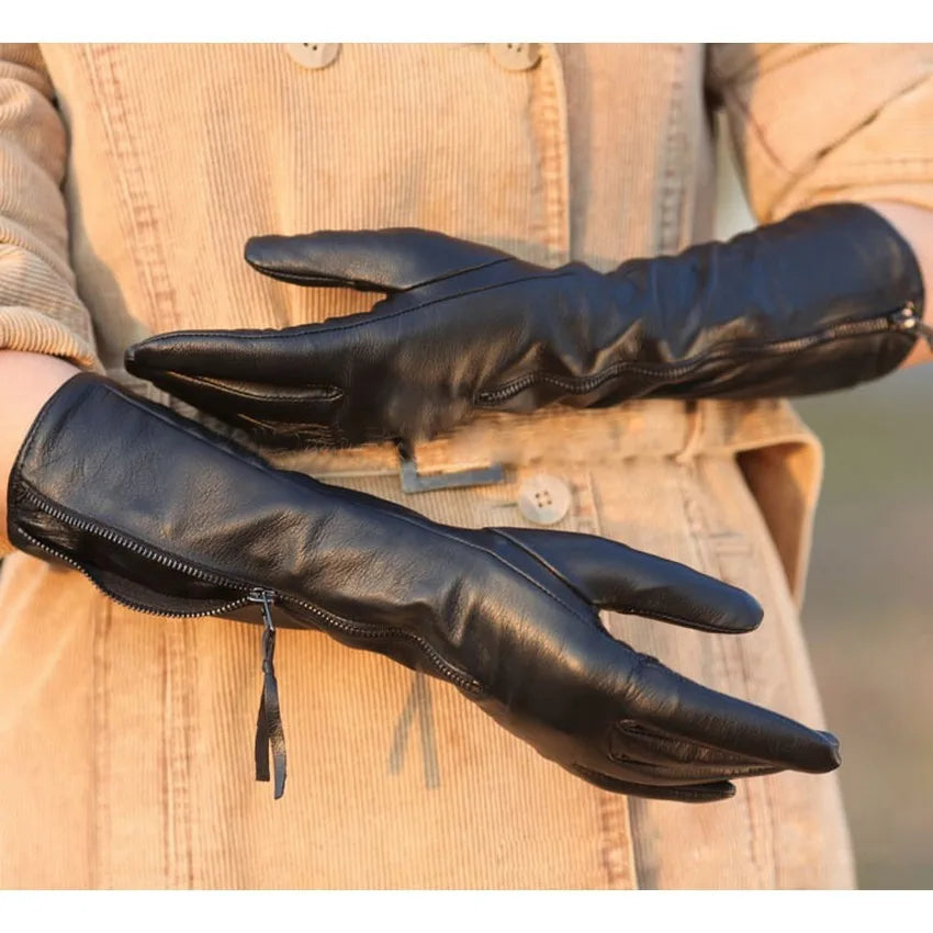 Gants d'hiver en cuir véritable noir solide pour femmes avec fermeture éclair, gants en peau de mouton à la mode, chauds et thermiques L031NQ