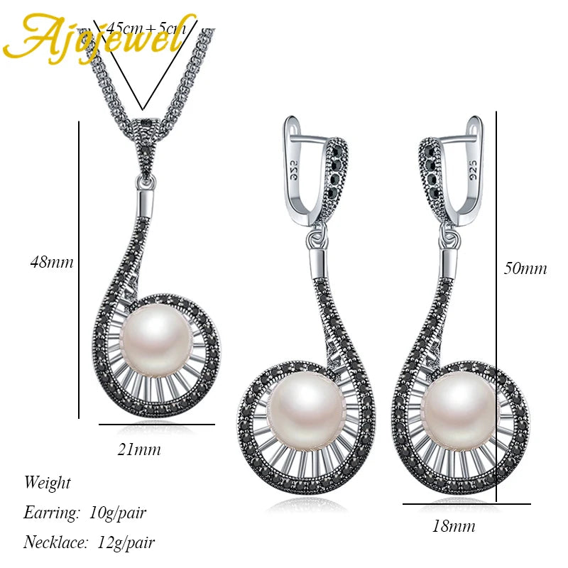 Ajojewel Vintage Pearl Jewelry Set For Women White Pearl Drop Earrings Long Pendant Necklce Luxury Ring Nice Gifts For New Year