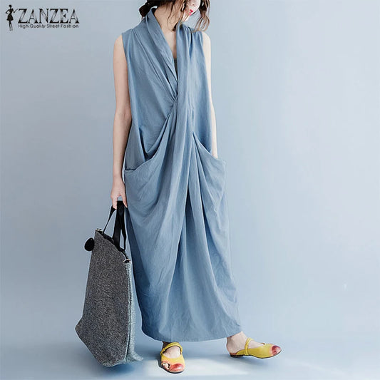 ZANZEA Robe Maxi Oversize Asymétrique Été 2023 Robe D'été Femme Col V Robes Femme Baggy Robe De Soirée Robe Femme