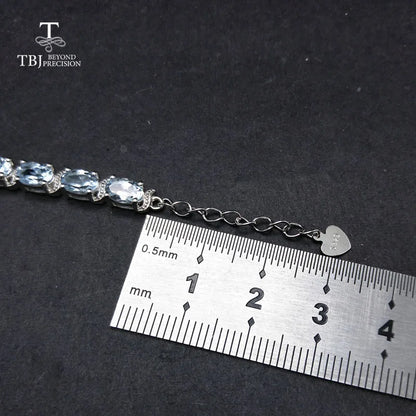 TBJ, Bracelet en pierre précieuse aigue-marine 100 % naturelle du Brésil avec chaîne extensible en argent 925 pour femmes et filles en cadeau avec boîte à bijoux