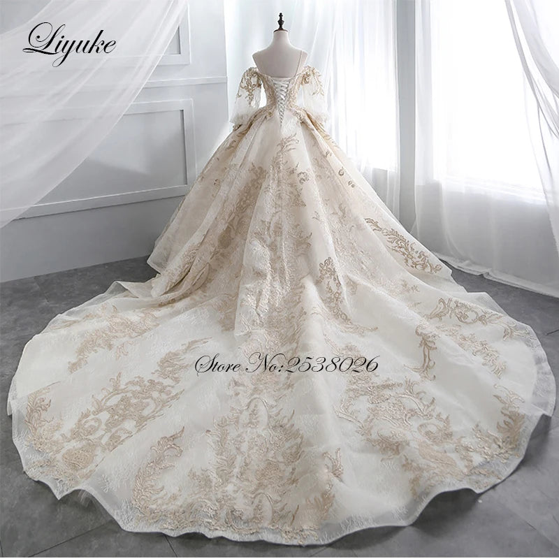 Liyuke elegante vestido de novia de bola dorada con apliques de cuentas doradas de encaje princesa vestido de novia de lujo robe de mariage