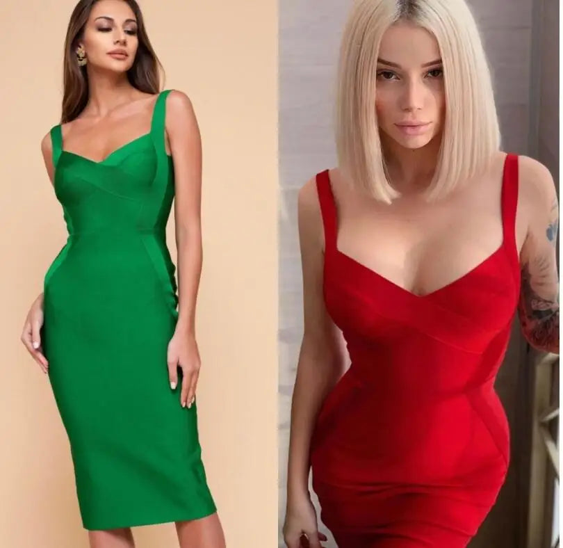 High Quality Pink Green Red Bodycon Knee Length Rayon Bandage Dress Evening Party Dress Vestidos