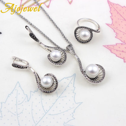 Ajojewel Vintage Pearl Jewelry Set For Women White Pearl Drop Earrings Long Pendant Necklce Luxury Ring Nice Gifts For New Year