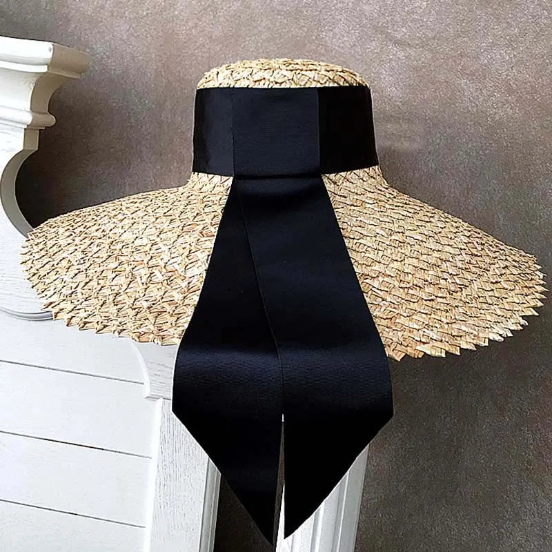 Sombrero de paja natural de ala grande de 18 cm para mujer, sombrero de verano, elegante sombrero para el sol, sombrero de playa con cinta larga, sombrero Derby para espectáculos y vocaciones