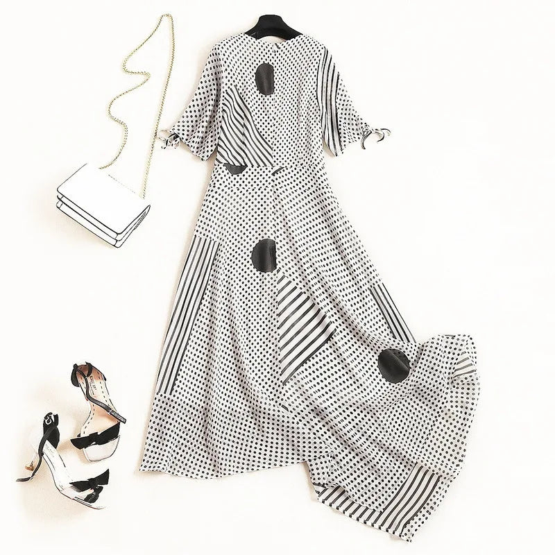 dot long dresses 2023 new summer irregular diagonal O-neck casual Dress wave point chiffon dress