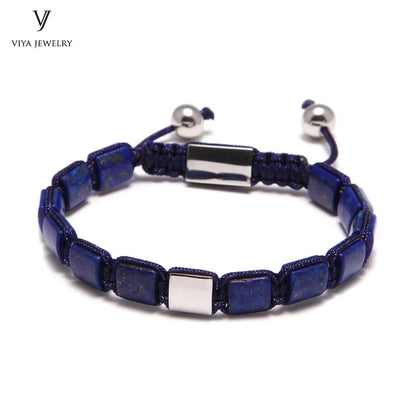 Pulsera trenzada ajustable de macramé con cuentas de lapislázuli cuadradas azules para hombre, joyería de moda, 8 mm, envío gratuito de DHL