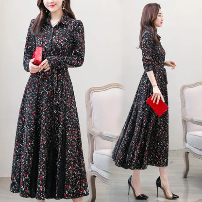 Women's Chiffon Stitching Lace Dress, Lady's Elegant Temperament Long Dress, Shirt Collar, Long Sleeve, Print Dresses, New