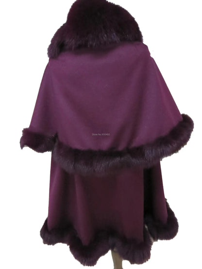 Genuine Fox Fur Real Cashmere Cape For Women Winter Shawl Wraps Poncho Wine Red