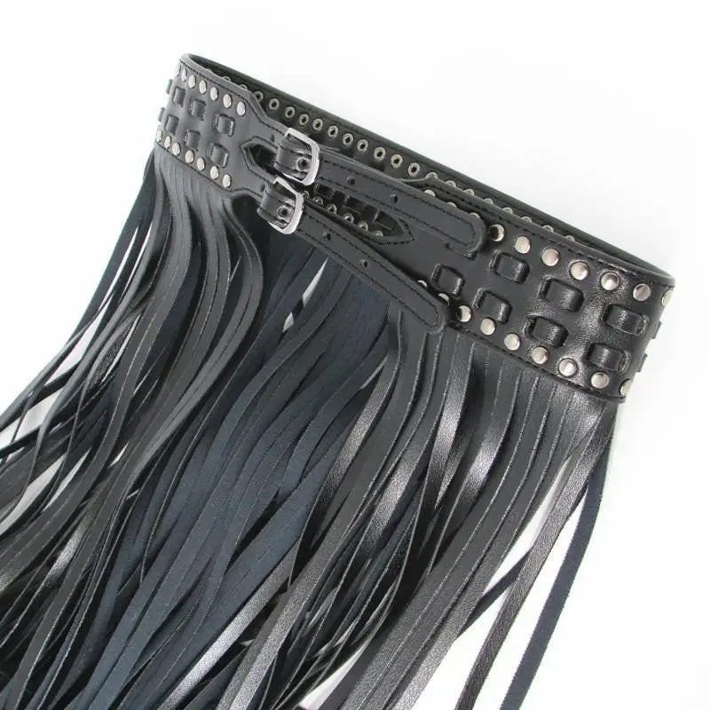 Sexy Long Fringe Leather Belts Black Designer Ceinture Femme Studs Punk Double Pin Buckle Plus Size Waistband Women S/M/L/Xl