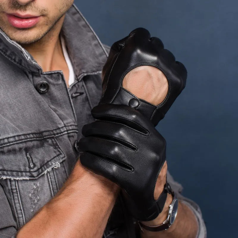 Guantes de cuero genuino para hombre, guantes de conducción de locomotora, guantes de piel de oveja importada con pantalla táctil, guantes negros de invierno