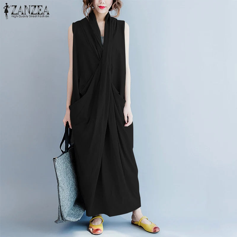 ZANZEA Robe Maxi Oversize Asymétrique Été 2023 Robe D'été Femme Col V Robes Femme Baggy Robe De Soirée Robe Femme