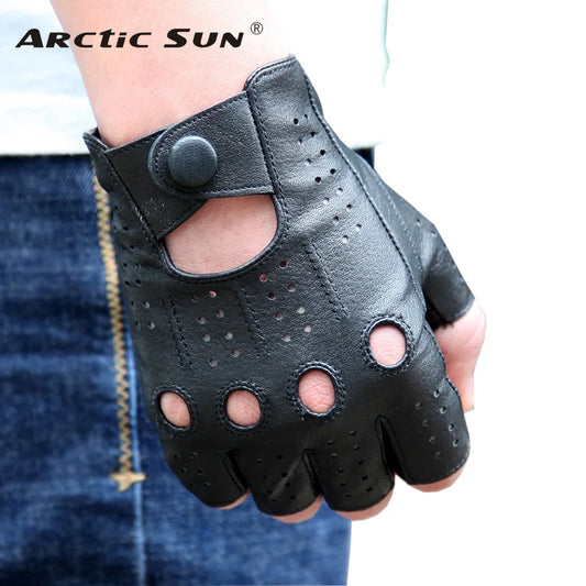 Guantes de piel auténtica con dedos separados para hombre, transpirables, con agujeros, estilo fino, guantes de piel de cordero de medio dedo para hombre, imitación de piel de ciervo M046P