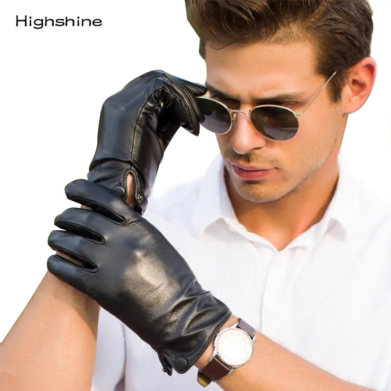 Gants en cuir véritable de mouton pour hommes Gants noirs Bouton d'écran tactile Marque de mode Gants en cuir chauds d'hiver