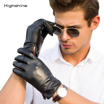 Guantes de piel de oveja auténtica auténtica para hombre, guantes negros con botón de pantalla táctil, guantes de cuero cálidos de invierno de marca de moda