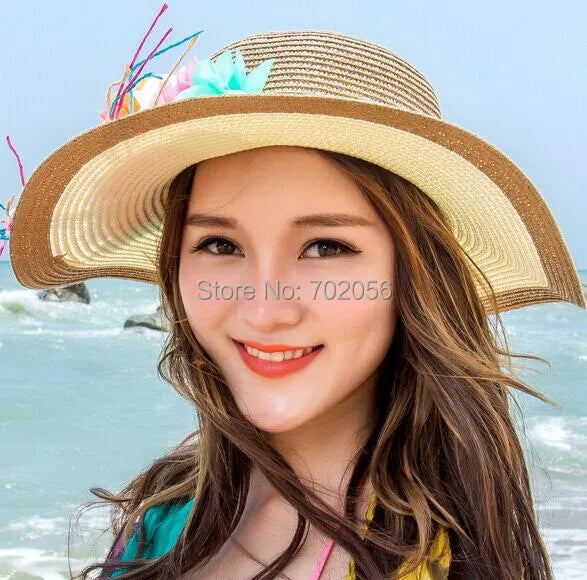 2016 Sombreros de ala ancha con trenza de hierba para mujer, sombreros de verano flexibles con protección UV para la playa, sombrero de pescador con cúpula, sombrero de verano en 6 colores n.° 3846