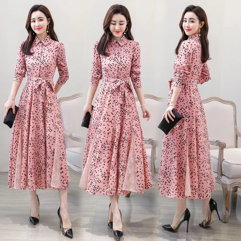 Women's Chiffon Stitching Lace Dress, Lady's Elegant Temperament Long Dress, Shirt Collar, Long Sleeve, Print Dresses, New