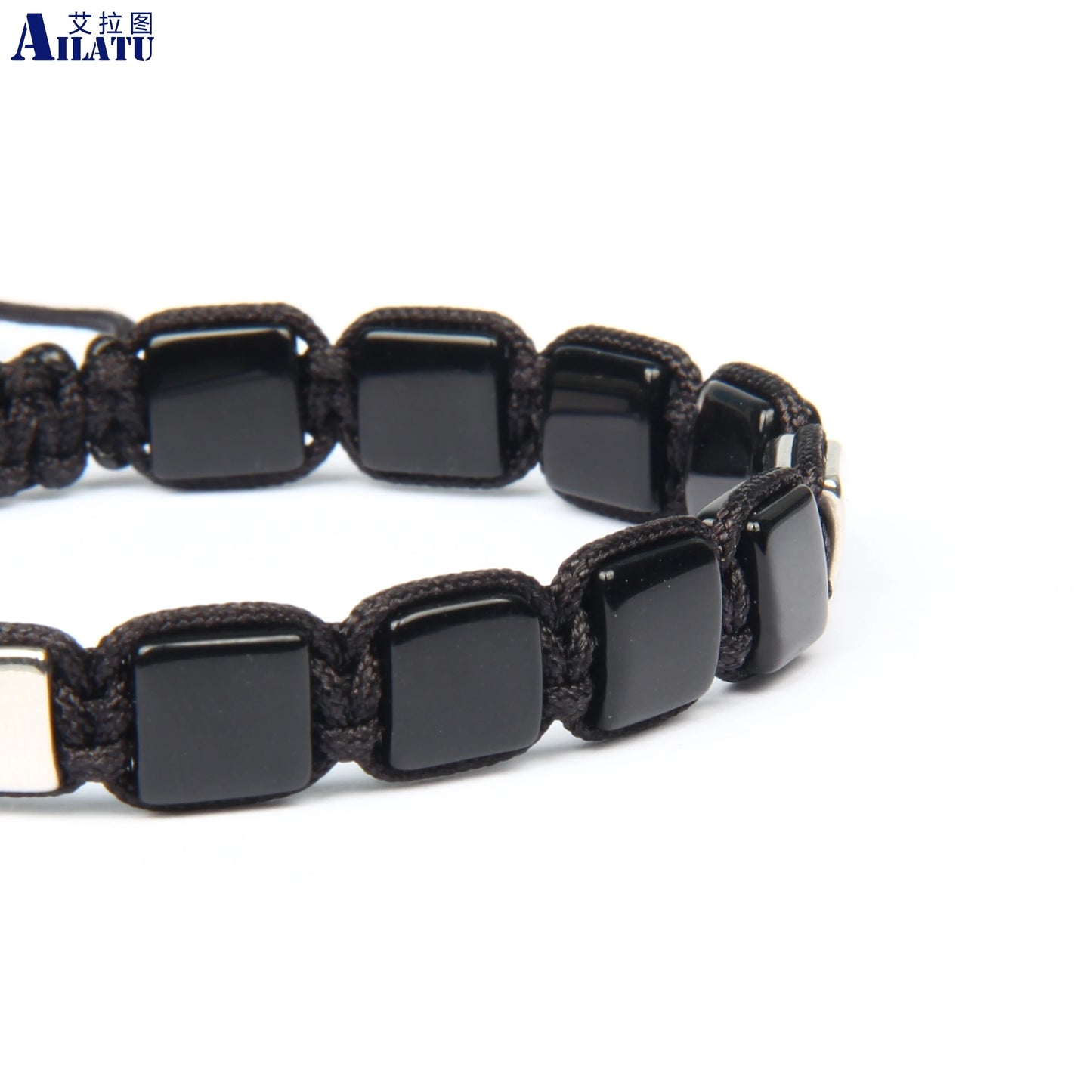 Ailatu - Pulsera trenzada de cuentas planas cuadradas para hombre, 10 unidades, con cuentas de piedra de ónix negro natural de 8 x 8 mm, logotipo de acero inoxidable