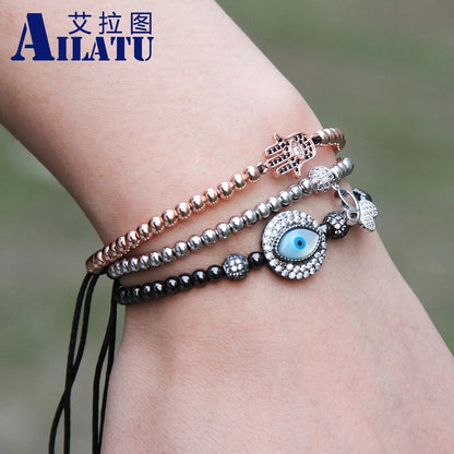 Ailatu Men Bracele Clear Cz Turkish Shell Eye Macrame Bracelet Wholesale 4mm Stainless Steel Beads Jewelry Nice Gift