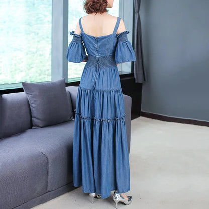 Denim 2023 summer new women's dress sling one word collar silk cowboy long dress