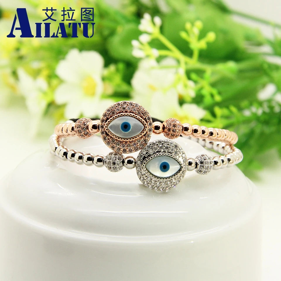 Ailatu Men Bracele Clear Cz Turkish Shell Eye Macrame Bracelet Wholesale 4mm Stainless Steel Beads Jewelry Nice Gift