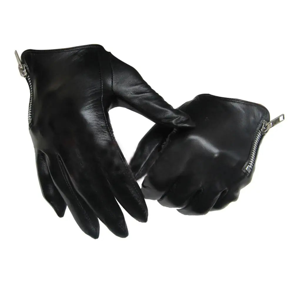 Guantes de cuero genuino para hombre, estilo clásico de moda, con cremallera lateral corta, piel de oveja auténtica, color negro, pantalla táctil, cálidos para invierno