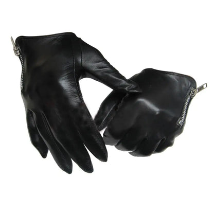 Men's Genuine Leather Gloves fashion classic short side zipper style Real Sheepskin Black Touch Screen   Winter Warm