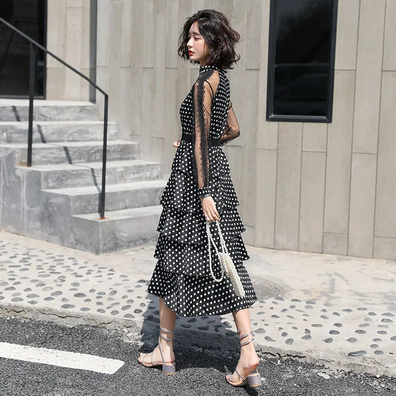 Vestido de gasa nuevo de moda, vestido de lunares de manga larga transparente, vestido largo de temperamento elegante para mujer