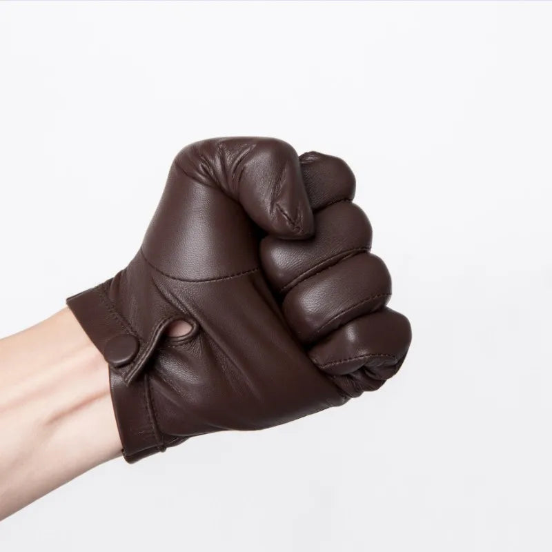 Guantes de cuero finos de lujo italianos sin forro para hombre, guantes de cuero ajustados con botones en la muñeca, guantes cálidos de invierno para conducir con pantalla táctil