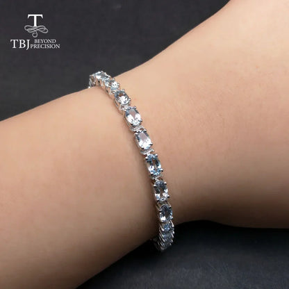 TBJ, Bracelet en pierre précieuse aigue-marine 100 % naturelle du Brésil avec chaîne extensible en argent 925 pour femmes et filles en cadeau avec boîte à bijoux