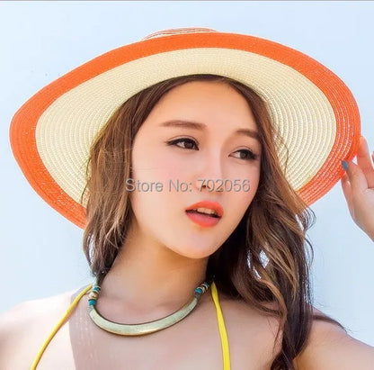 2016 Sombreros de ala ancha con trenza de hierba para mujer, sombreros de verano flexibles con protección UV para la playa, sombrero de pescador con cúpula, sombrero de verano en 6 colores n.° 3846