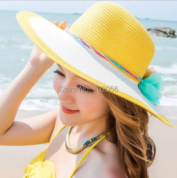 2016 Femmes Herbe Tresse Large Bord Chapeaux Floppy Été Protection UV Plage Soleil Chapeau Dôme pêche Casquette seau chapeau été 6 couleurs #3846