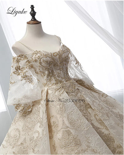 Liyuke Elegant Golden Ball Gown Wedding Dress With Gold Beading  Appliques Lace Princess Luxury Bridal Dress robe de mariage