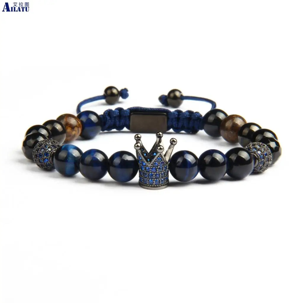 Pulsera para hombre con corona de circonita azul de la marca Ailatu, venta al por mayor, joyería de macramé con piedra de ojo de tigre natural de 8 mm y cuentas de acero inoxidable