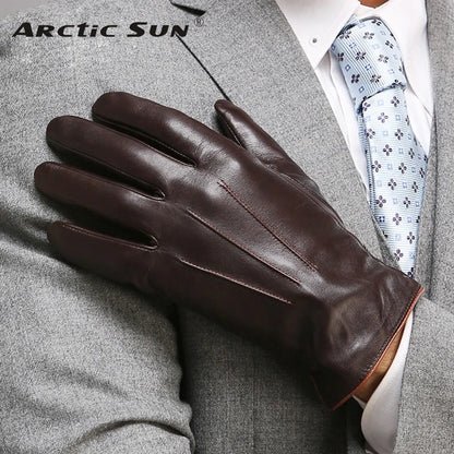 Gants en cuir véritable de qualité supérieure pour hommes, gants thermiques d'hiver en peau de mouton pour écran tactile, gants de conduite au poignet minces et à la mode EM011