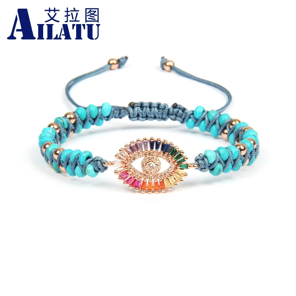 Pulsera tejida estilo bohemio con ojo de la suerte turco y circonita cúbica arcoíris de Ailatu Fashion, pulsera de la amistad única hecha a mano