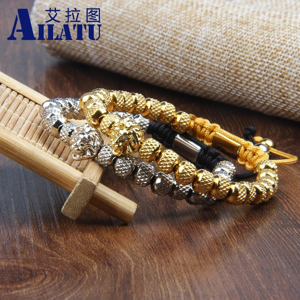 Ailatu Lion Head Bracelet Reticulated Stainless Steel Beads Luxury 6mm Men Rope Chain Fashion New Hand-Made Present, Gift,