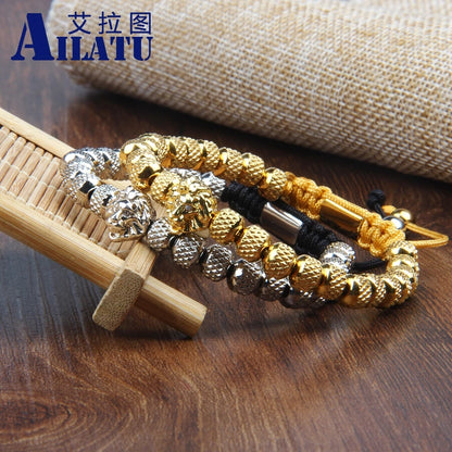 Bracelet tête de lion Ailatu en acier inoxydable réticulé avec perles de luxe de 6 mm pour hommes, chaîne en corde, mode, nouveau, fait à la main, cadeau,