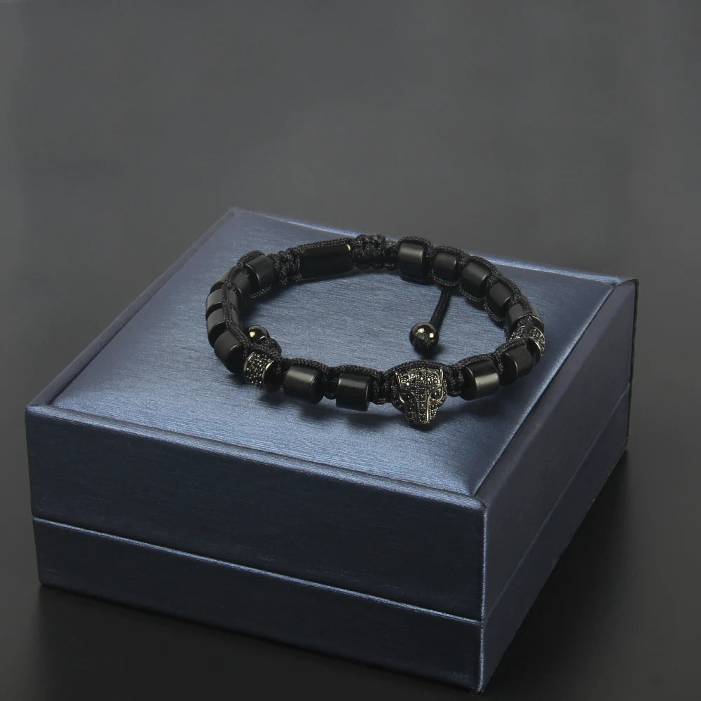 Ailatu High Quality Luxury Men Jewelry Balck CZ Leopard Macrame Bracelet Free Logo Service Drop Shipping